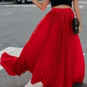 Elegant Red Pleated Maxi Skirt